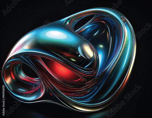 3D liquid metal chrome abstract shape element design in dark background