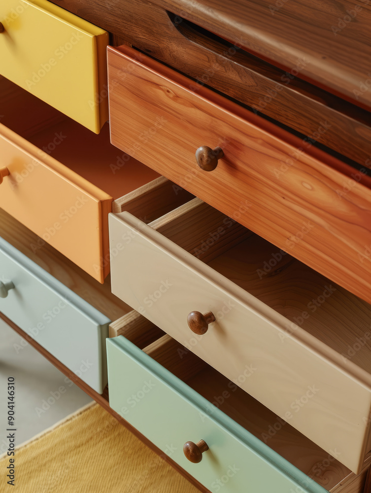 Colorful and neat open wooden drawers in a cabinet. Colorful and neat open wooden drawers in a cabinet.