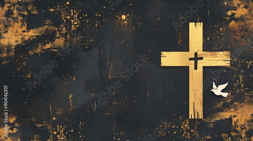 Abstract Black and Gold Christian Background with a Wooden Cross and White Dove photo