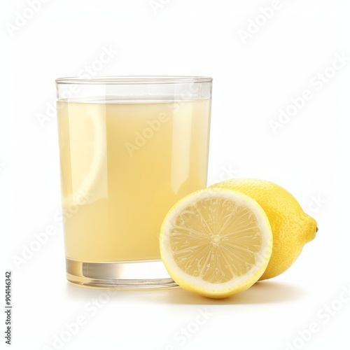 Medium shot of Lemon juice in a glass near the lemon, isolated on a white background