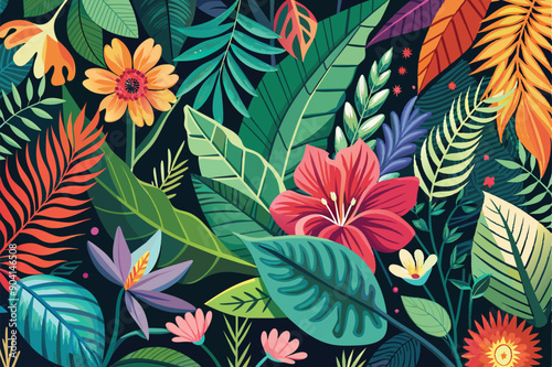 Colorful tropical floral background. Blooming flowers. Can be used as poster, exotic wallpaper. Vector illustration.