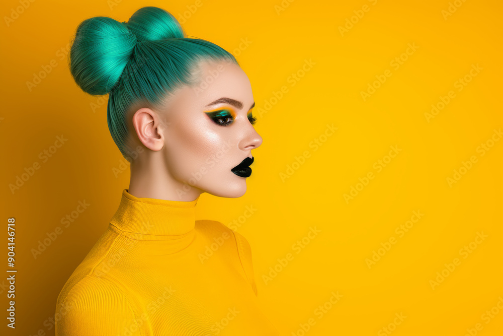 Fashion portrait featuring young woman with bright turquoise hair dramatic makeup and solid yellow background, exuding modern style and confidence Fashion portrait featuring young woman with bright turquoise hair dramatic makeup and solid yellow background, exuding modern style and confidence
