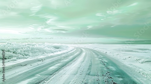 A pastel green sky and an icy road at sunrise with ice crystals shiny on the surface