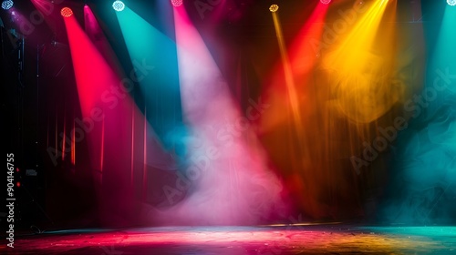 An empty stage is dramatically lit with vibrant blue and purple spotlights, casting a hazy glow and creating an anticipation for the upcoming performance