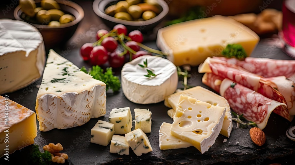 A delicious cheese platter featuring a variety of cheeses, charcuterie, olives, and grapes, perfect for a gourmet appetizer or snack. A delicious cheese platter featuring a variety of cheeses, charcuterie, olives, and grapes, perfect for a gourmet appetizer or snack.