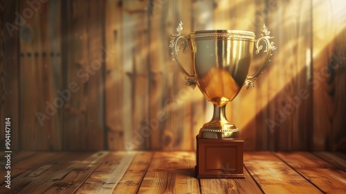 A golden trophy sits on a wooden table, bathed in warm sunlight.  The trophy represents achievement and success. photo