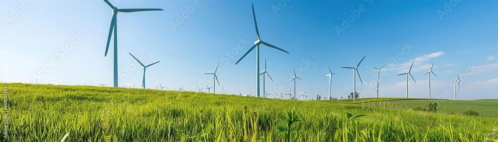 Sustainable wind turbines in the countryside, renewable energy, side view, modern green power, digital tone, Triadic Color Scheme, copy space for text Sustainable wind turbines in the countryside, renewable energy, side view, modern green power, digital tone, Triadic Color Scheme, copy space for text