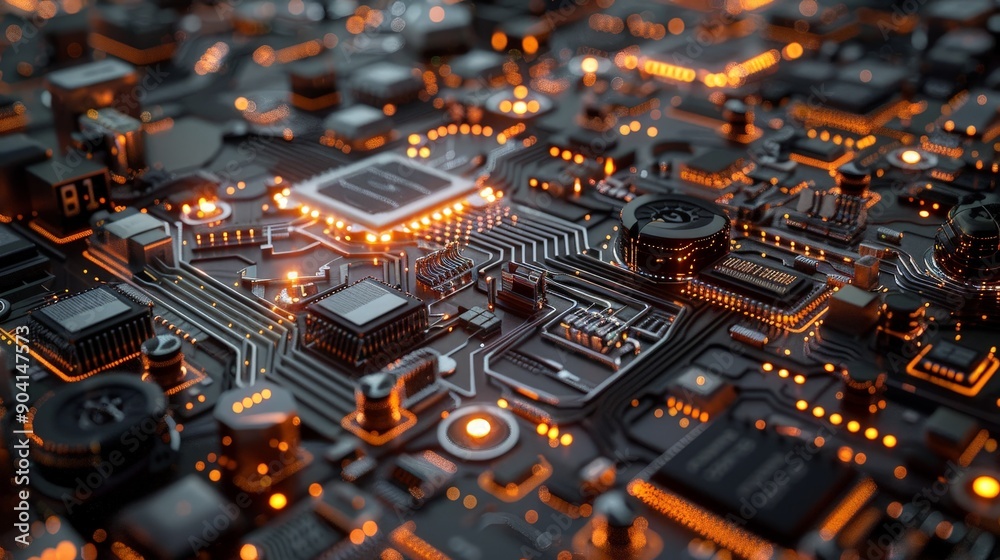 A high-tech circuit board with an array of tiny components, copper traces, and glowing indicators, emphasizing its modern design A high-tech circuit board with an array of tiny components, copper traces, and glowing indicators, emphasizing its modern design
