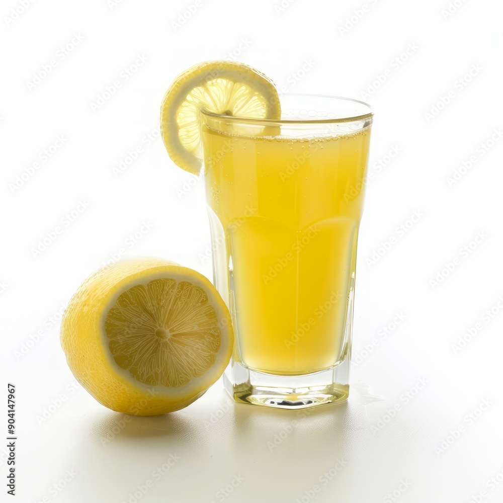 Medium shot of Lemon juice in a glass near the lemon, isolated on a white background Medium shot of Lemon juice in a glass near the lemon, isolated on a white background