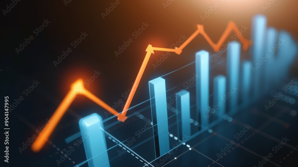Arrows illustrating the connection between business investments and economic indicators, within a government research setting with charts and reports