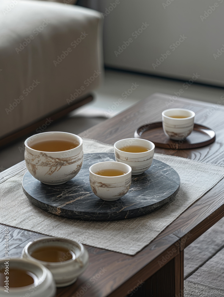 Elegant tea set with teacups on a wooden table with marble tray Elegant tea set with teacups on a wooden table with marble tray