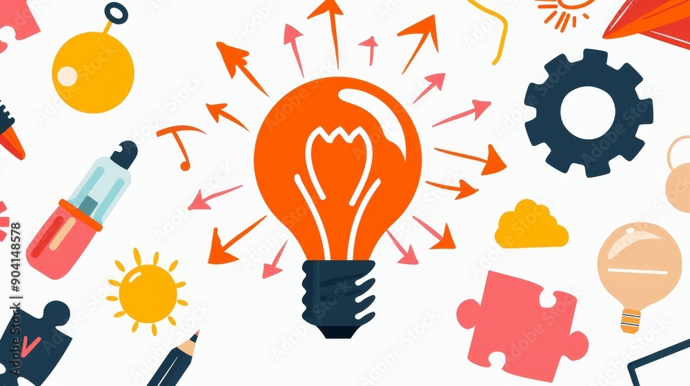 Arrows pointing at innovation symbols such as light bulbs, gears, puzzle pieces, showing a brainstorming session with ideas converging into a central hub Arrows pointing at innovation symbols such as light bulbs, gears, puzzle pieces, showing a brainstorming session with ideas converging into a central hub