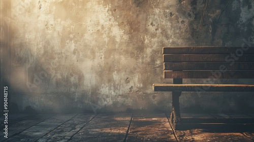 A solitary wooden bench sits in a dimly lit room with a textured wall and wooden floor. The light casts a warm glow on the scene.