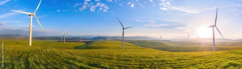 Wind turbines in the countryside, advanced sustainability, top view, ecofriendly power, technology tone, Complementary Color Scheme, copy space for text Wind turbines in the countryside, advanced sustainability, top view, ecofriendly power, technology tone, Complementary Color Scheme, copy space for text
