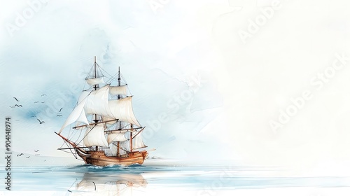 Elegant watercolor painting of a sailing ship on a calm sea with seagulls in the sky, creating a serene nautical scene.