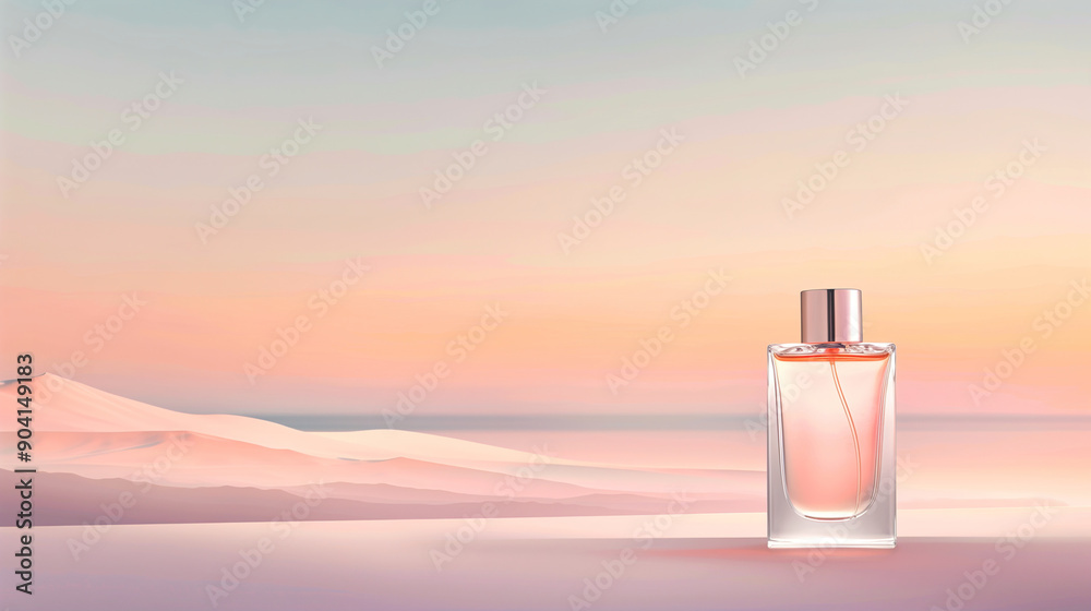Elegant perfume bottle against a sunset sky Elegant perfume bottle against a sunset sky