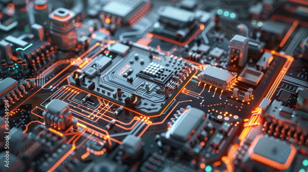 A sleek and intricate circuit board with a detailed arrangement of electronic parts and pathways, highlighting its high-tech design A sleek and intricate circuit board with a detailed arrangement of electronic parts and pathways, highlighting its high-tech design