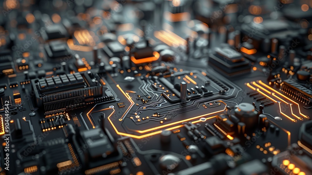 A sleek and intricate circuit board with a detailed arrangement of electronic parts and pathways, highlighting its high-tech design A sleek and intricate circuit board with a detailed arrangement of electronic parts and pathways, highlighting its high-tech design