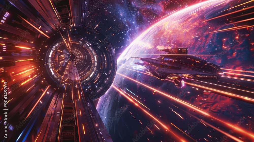A space-based race track in a futuristic world, where racers navigate through wormholes and around supermassive black holes A space-based race track in a futuristic world, where racers navigate through wormholes and around supermassive black holes
