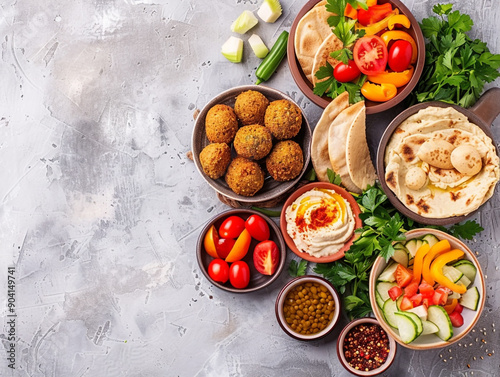 Wallpaper Mural Middle eastern or arabic cuisines, falafel, hummus, tabouleh, pita and vegetables on a concrete background. View from above.  Torontodigital.ca