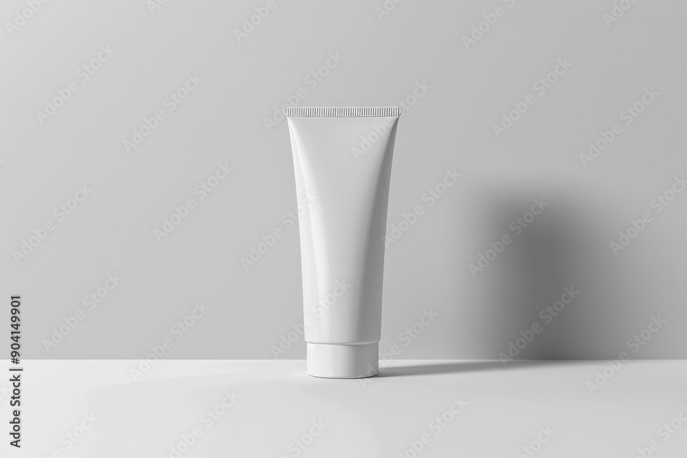 Blank white cosmetic tube with a minimalist design on a neutral background. Blank white cosmetic tube with a minimalist design on a neutral background.