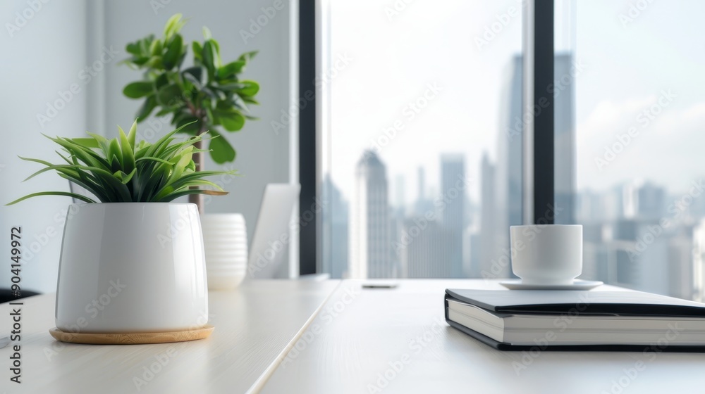 Bright office with minimalist design, stylish desks, potted plants, panoramic city views, desks adorned with coffee cups and notebooks Bright office with minimalist design, stylish desks, potted plants, panoramic city views, desks adorned with coffee cups and notebooks