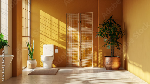 A chic restroom with a white toilet bowl, a copper bin, a lattice folding screen, and a zz plant photo