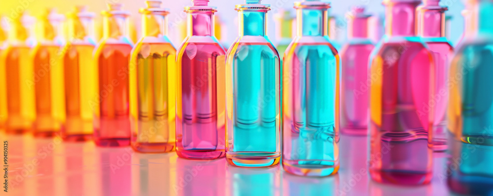 Brightly colored liquid-filled bottles on a clean surface, highlighted as sources of immunity from viruses and polluted air. Brightly colored liquid-filled bottles on a clean surface, highlighted as sources of immunity from viruses and polluted air.