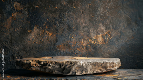 A rugged rock podium with a natural, uneven surface is isolated against a dark, textured cement wall. Soft, warm studio lights cast subtle shadows, enhancing the earthy tones. Ideal for showcasing © AI_images_for_people