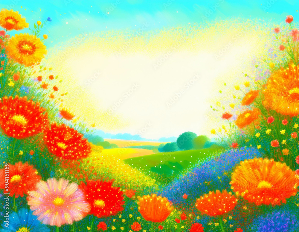 Bright Summer Floral Art Illustration Flowers Background with Copy Space for Advertising Text Bright Summer Floral Art Illustration Flowers Background with Copy Space for Advertising Text