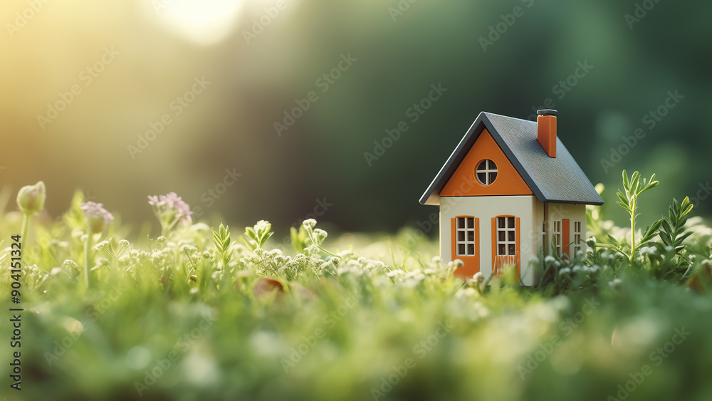 House in green grass with blur background. Real estate house in grass House in green grass with blur background. Real estate house in grass