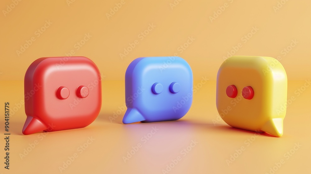 Three colorful speech bubbles in red, blue, and yellow on an orange background. Three colorful speech bubbles in red, blue, and yellow on an orange background.