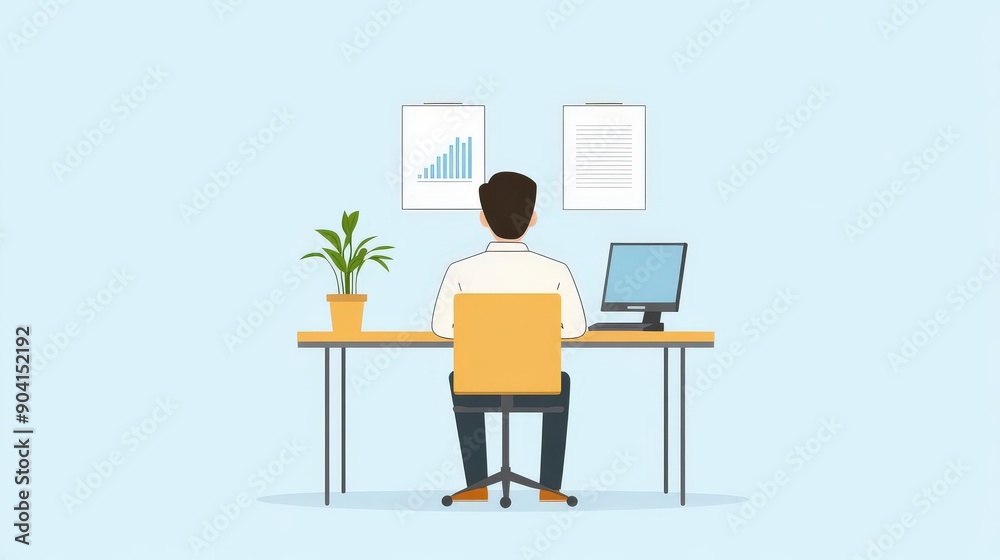A professional man working at his desk, focusing on a computer screen with a plant nearby. Ideal for business and productivity themes.