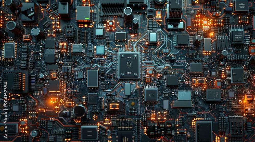An aerial shot of a complex circuit board with numerous integrated circuits and resistors, demonstrating advanced electronic design An aerial shot of a complex circuit board with numerous integrated circuits and resistors, demonstrating advanced electronic design