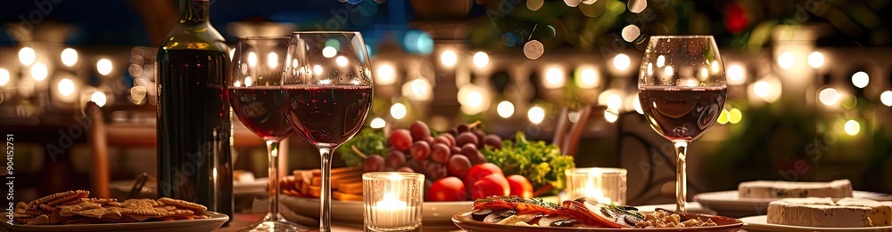 Romantic candlelit dinner setting with wine, grapes, and elegant dishes on a beautifully decorated table under fairy lights. Romantic candlelit dinner setting with wine, grapes, and elegant dishes on a beautifully decorated table under fairy lights.