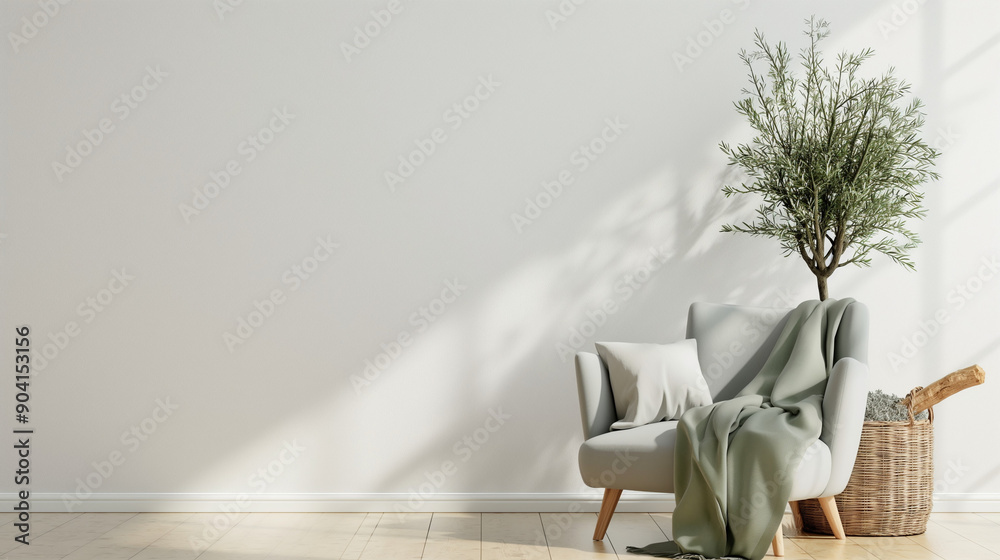 Fototapeta premium Traditional living room interior mockup with grey sofa, green throw, pillow and wooden coffee table with olive twigs in vase on empty white wall background.