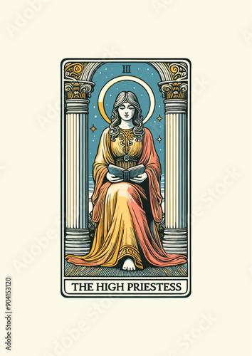 The High Priestess: Tarot Card Featuring Goddess, Book, Pillars, Moon, Stars, and Mystical Symbols