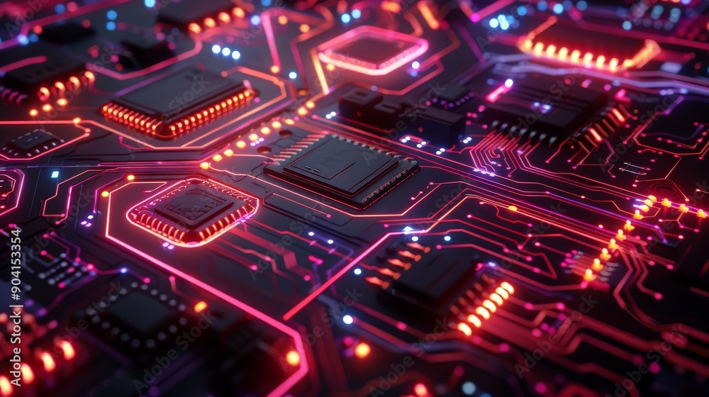 An illuminated circuit board with vibrant LEDs and intricate circuitry An illuminated circuit board with vibrant LEDs and intricate circuitry