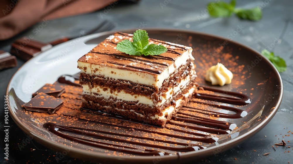 A plate of cake with chocolate