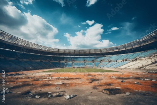 An unoccupied stadium features an overgrown field and empty stands, illuminated by bright skies with scattered clouds above photo