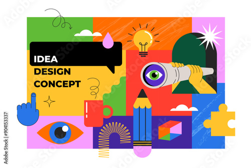 Idea, thinking out of the box, creativity and design concept background, banner, poster. Geometrical style vector design with light bulb, brain, pencil