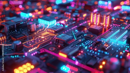 An illuminated circuit board with vibrant LEDs and intricate circuitry