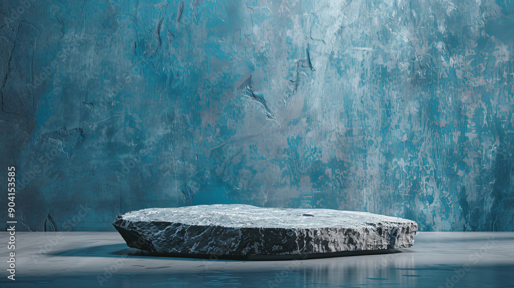 A sleek rock podium with a polished surface stands against a vibrant blue cement wall. Studio lighting highlights the texture contrast, creating a dynamic backdrop for product presentation.