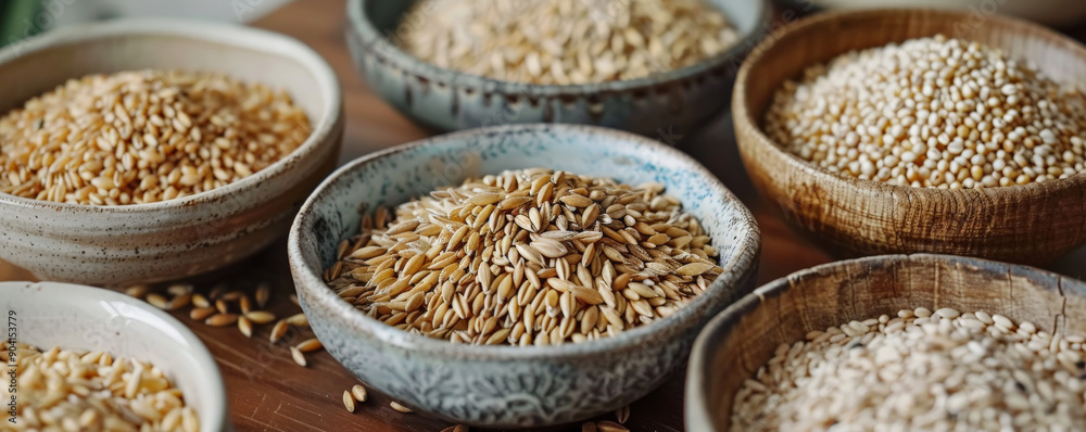A collection of barley groats in small ceramic bowls, placed on a wooden table to highlight their different textures. A collection of barley groats in small ceramic bowls, placed on a wooden table to highlight their different textures.