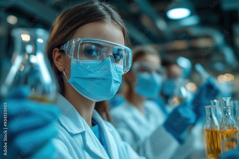 Scientists wearing safety gear working in futuristic laboratory conducting experiments with beakers and advanced equipment. Scientists wearing safety gear working in futuristic laboratory conducting experiments with beakers and advanced equipment.