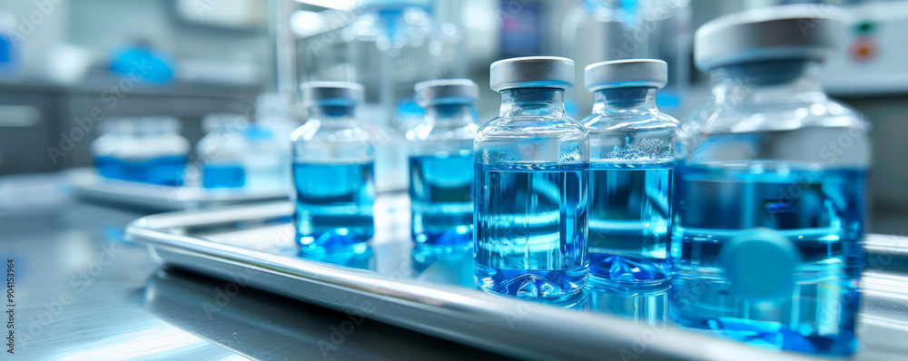 Several blue liquid-filled bottles arranged on a metal medical tray, with a background of a bright, sterile medical room. Several blue liquid-filled bottles arranged on a metal medical tray, with a background of a bright, sterile medical room.