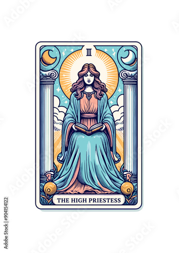 The High Priestess: Tarot Card Featuring Goddess, Book, Pillars, Moon, Sun, and Mystical Symbols