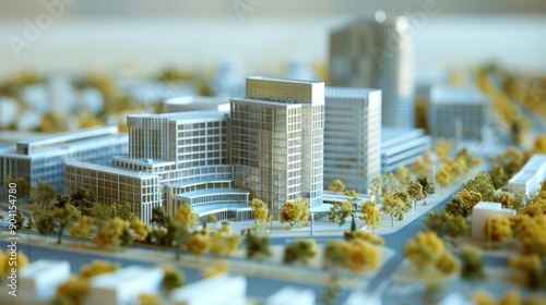 Generate a photo realistic image of a maquette depicting a corporate complex with office towers, corporate headquarters, and business facilities; ensure the image is of high resolution for clear  photo