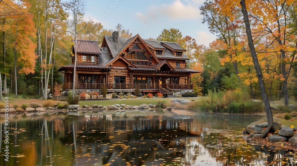 Fototapeta premium A private lakeside retreat with a log cabin in the woods with fall water effects