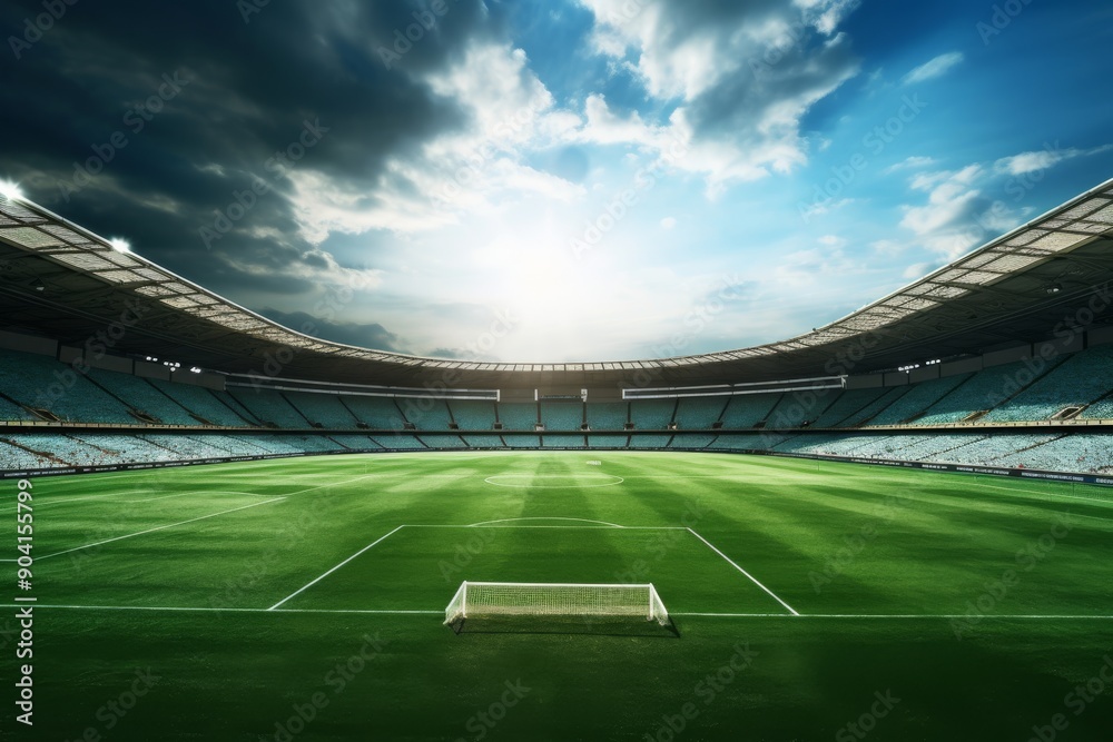 A vast, empty stadium features a vibrant green field and an overcast sky illuminated by the setting sun